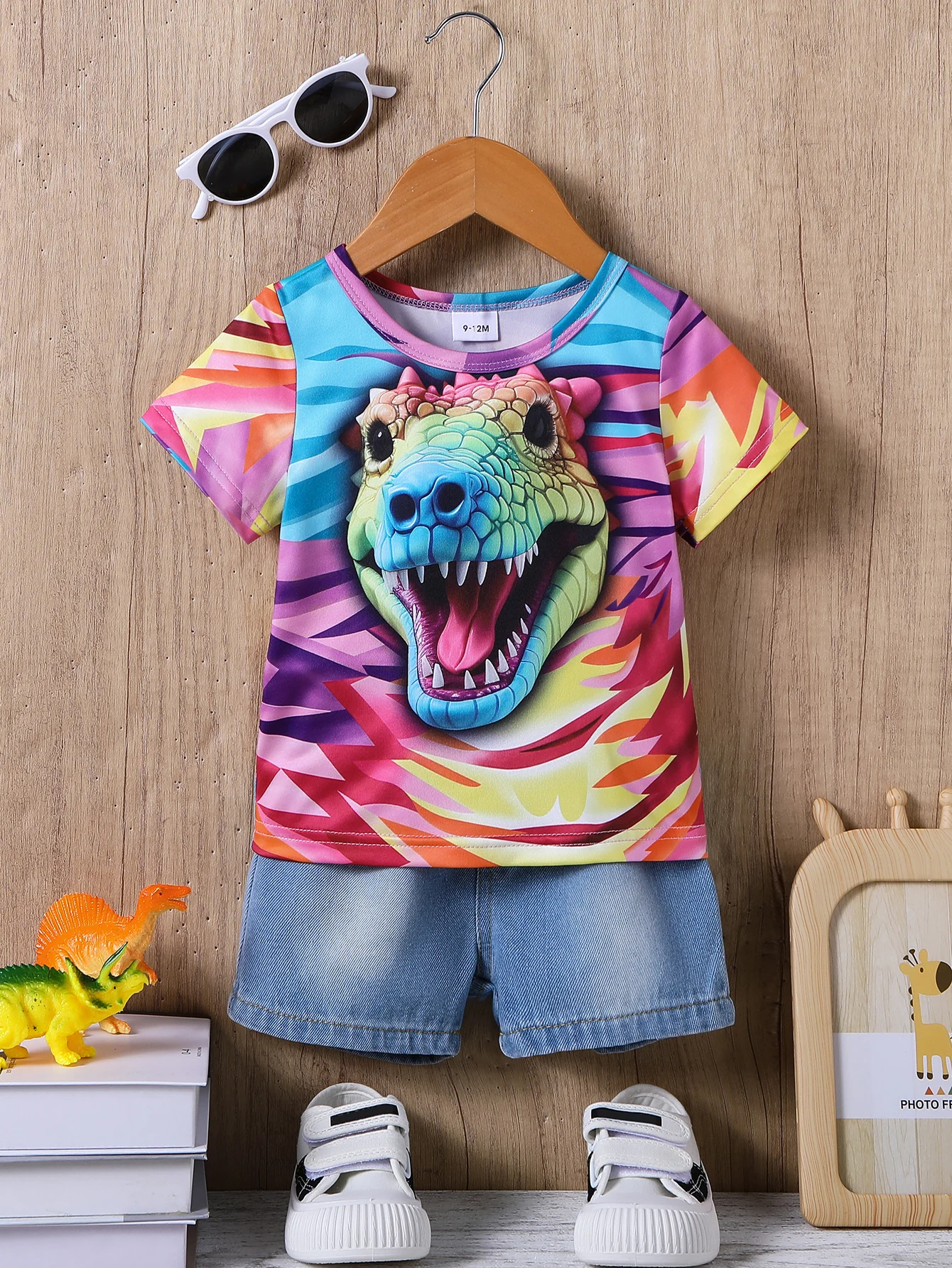 

2PCS Summer Cartoon Short-Sleeved T-Shirt Trendy American Dinosaur Tops Colorful Letter Printed Short t Loose Thin Baby Boys