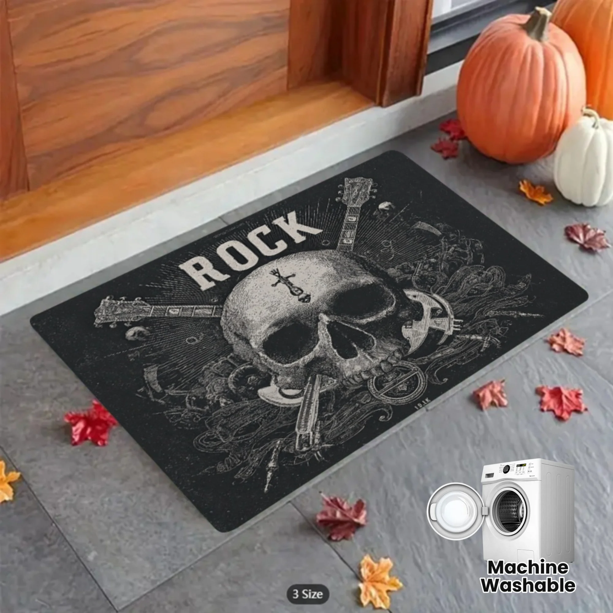 1pc 2D Flat Rock Skull Guitar Crossbones Flannel Door Mat Non Slip Heavy Metal Music Rug For Entryway Garage Home Decor