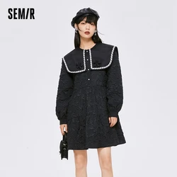 Semir Women Dress Lace Texture Black Dress College Style 2023 Autumn New Style Sweet Girls' Dresses