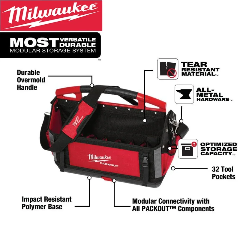 Milwaukee 48-22-8320 PACKOUT Stackable Type Tote 32 Pockets Zipper Style Hand Tools Spare Parts Storage Kit Durable Tool Bag