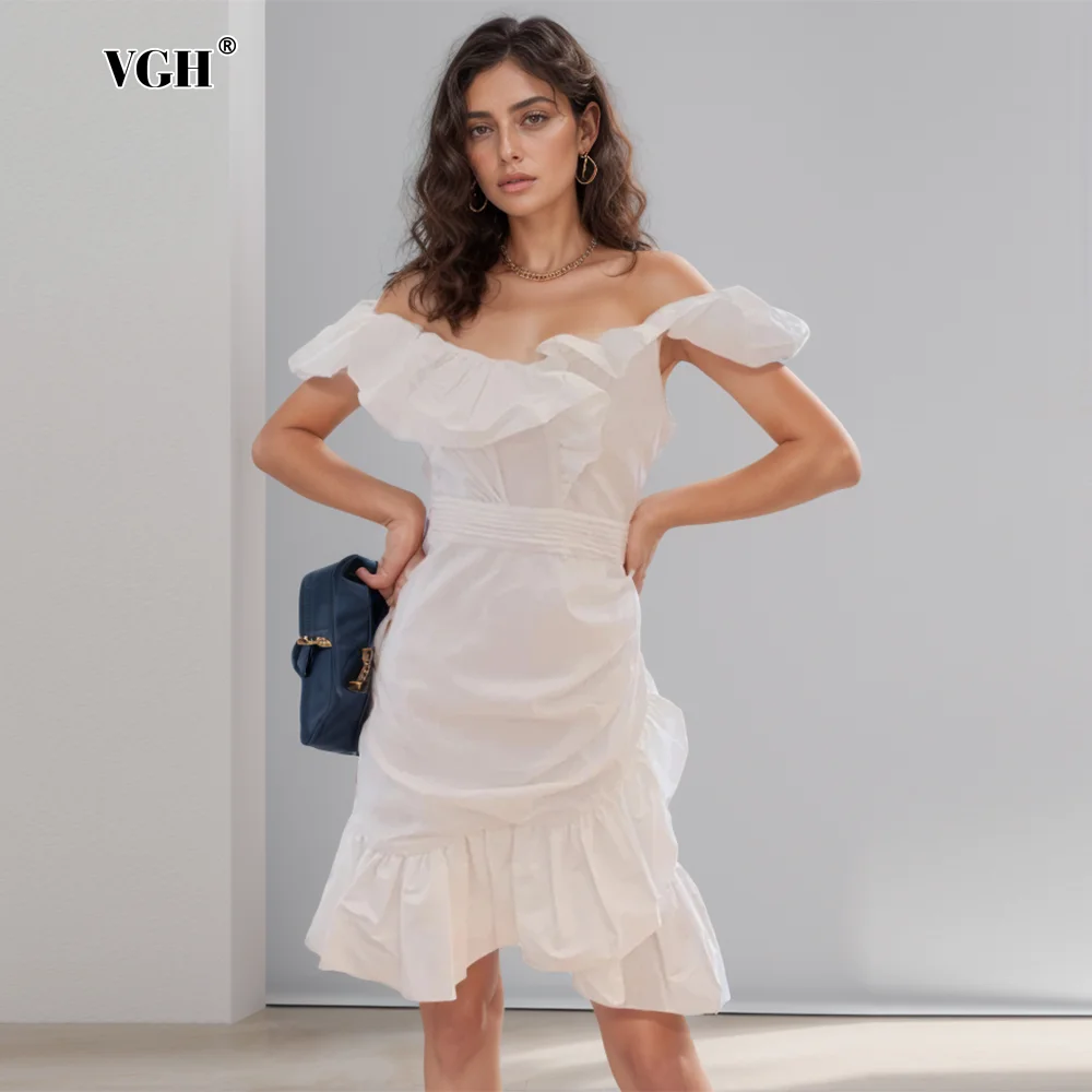 

VGH Temperament Patchwork Ruffles Dresses For Women V Neck Sleeveless High Wiast Soild Slimming Elegant Dress Female Fashion New