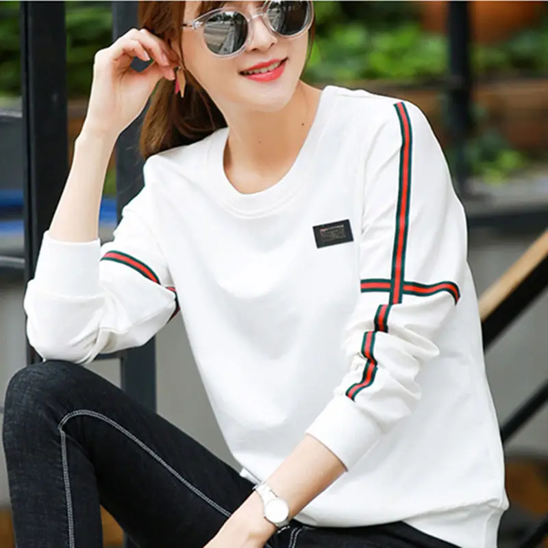 Spring Lady New Loose Appear Thin Long Sleeved Thin Style Korean Round Neck Patchwork Contrasting Colors Insert All-match Tops