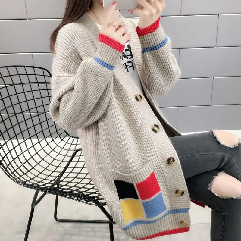 Autumn Winter New Fashion V-neck Long Sleeve Patchwork Printing Women\'s Clothing Cardigan Casual All-match Button Korean Tops