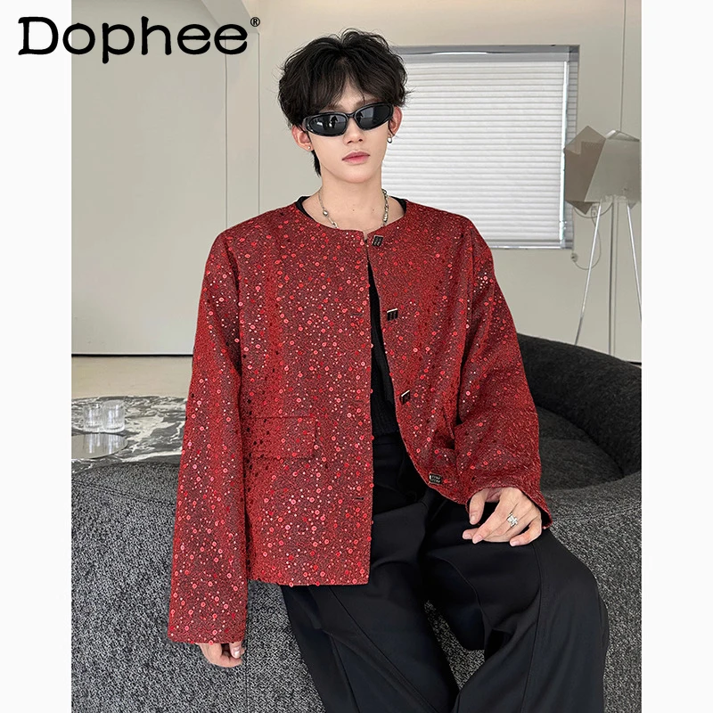 

Men's 2025 Autumn New High Street Stylish Tailored Coats Solid Color Tops Small Fragrant Shiny Sequin Chic Short Blazer Jackets