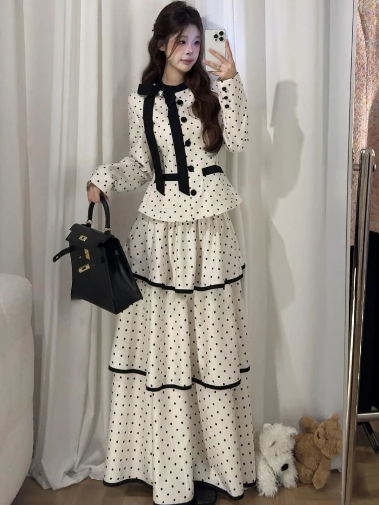 

Осенний французский элегантный винтажный женский комплект из двух предметов с бантом в горошек и длинными рукавами, утягивающие комплекты с милым дизайном, женская одежда