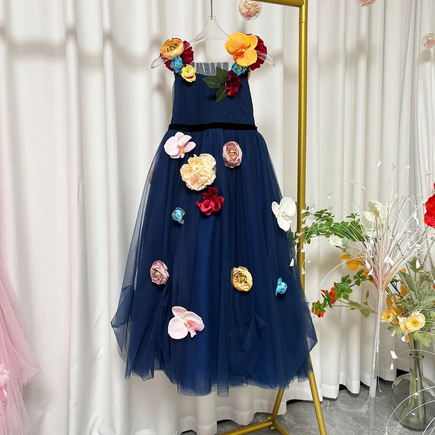 

Jill Wish J013 Luxury Navy Blue Flower Girl Dress Tulle Flowers Long Princess Kids Wedding Birthday Pageant Party Evening Gown