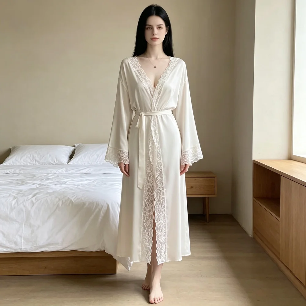Satin Peignoir Women Boudoir Sultry Allure Seductive Glamour Mystery Lace Panel Long Sleeve Sash Belt High Slit Noir Siren