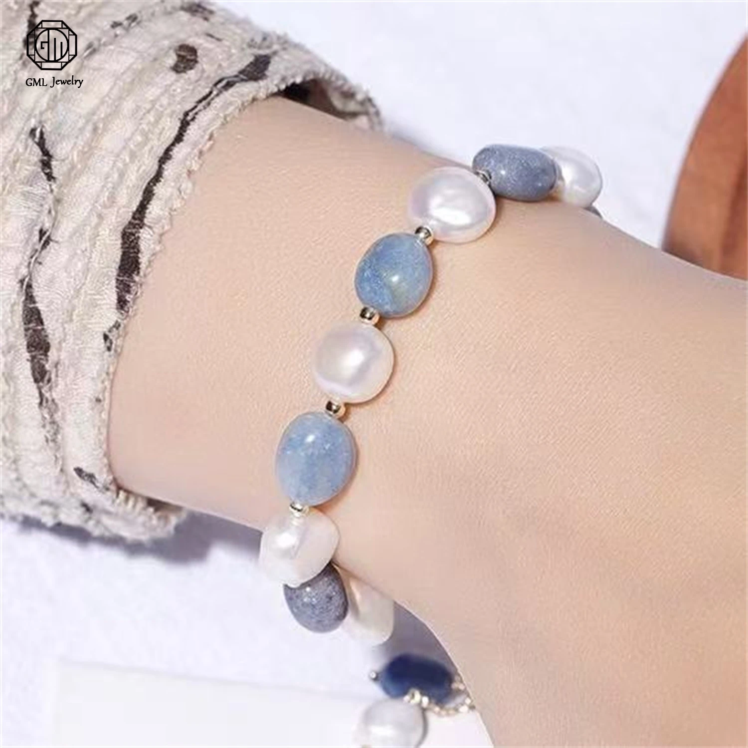 

Натуральный браслет из бусин с голубым авантюрином и пресноводным жемчугом, корейский минималистичный, простой и стильный, ювелирное украшение, подарок для женщин