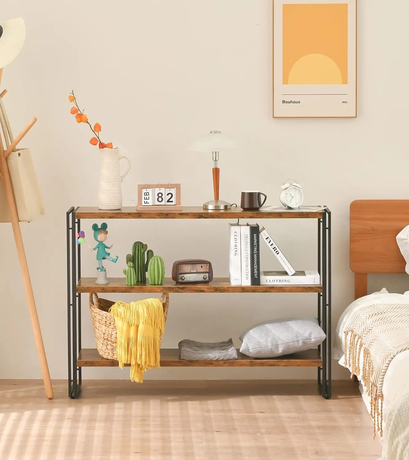 3-Tier Rustic Wood and Metal Industrial Bookcase - 40in, for Home Office, Bedroom, Kitchen, Bathroom