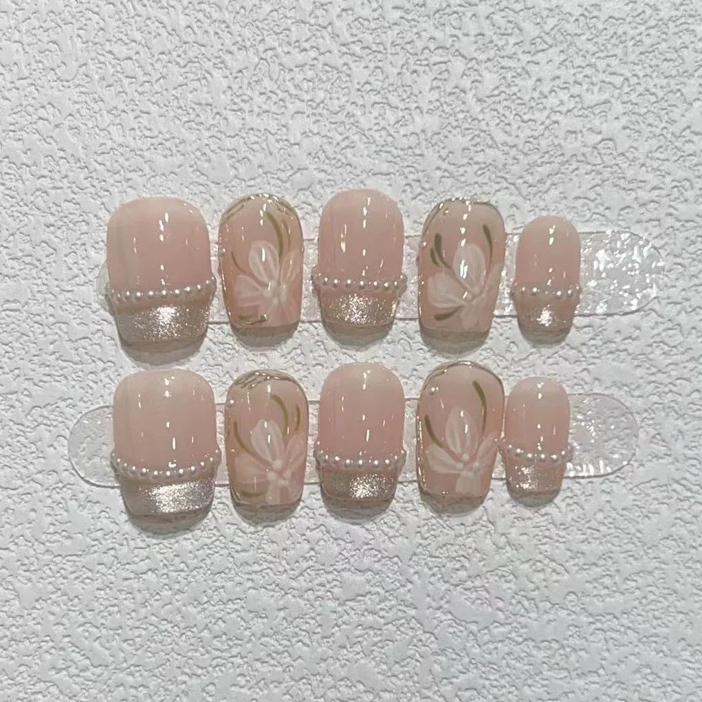 10Pcs Krótkie Okrągłe Ręcznie Wykonane Paznokcie Pełna Osłona Brzoskwiniowy Różowy Letni Design Śliczne Fałszywe Paznokcie Sztuczny Manicure Fałszywe Paznokcie