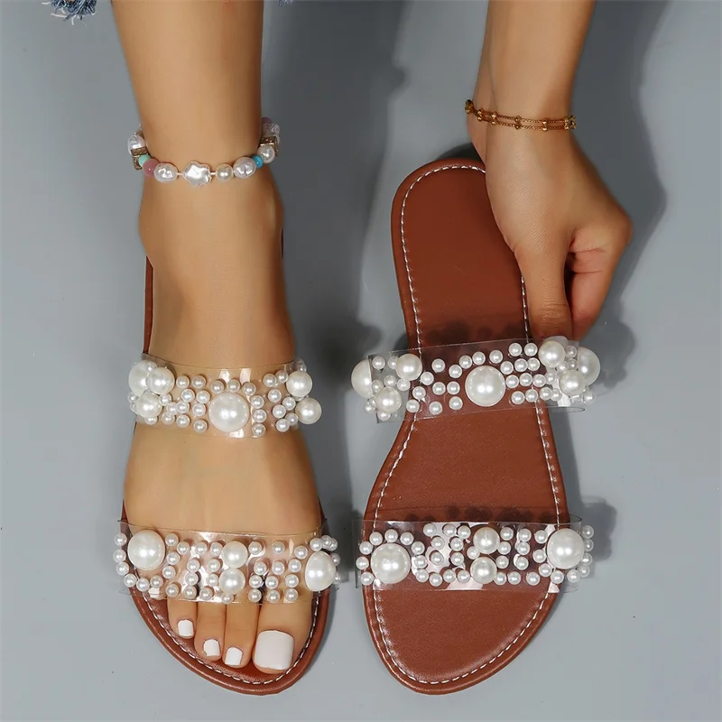 Fashion Pearl Decorated Clear Strap Mules for Women Flat Slide Sandals Elegant Daily Wear Lightweight Breathable Summer Footwear