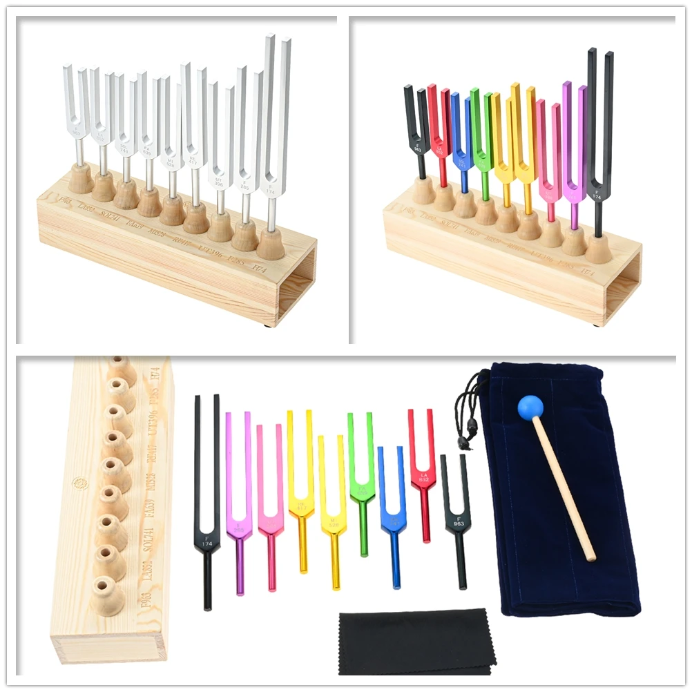 9pcs Solfeggio Tuning Fork kit Wood Voice Box Stand Hammer 174/285/396/417/528/639/741/852/963HZ Musical Healing Sound Therapy