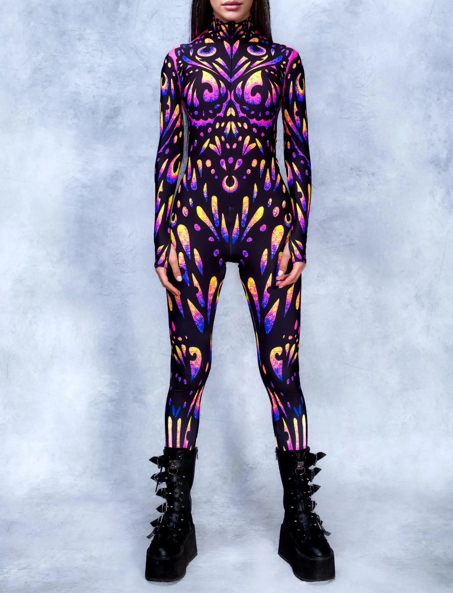 Sexy Damen Psychedelischer Netz-Cosplay-Jumpsuit Horror Halloween Festival Party Bodysuit Karneval Bühnenauftritt Eng Anliegend – Detail 6