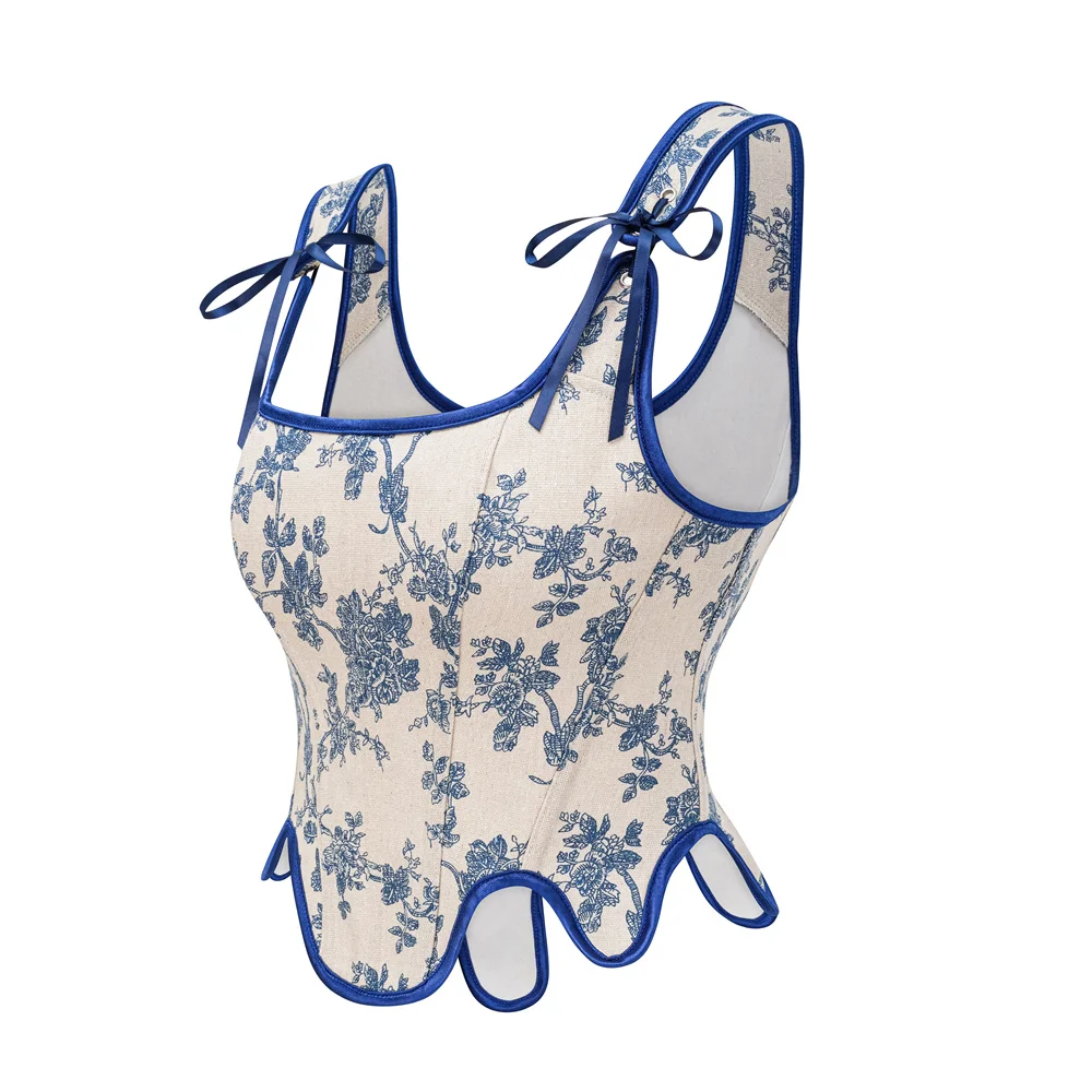 Women Elegant Corset Crop Tops Vintage Lace Up Floral Print Side Zipper Bustiers Vest Sexy Basques Gothic Body Shapers Lingerie