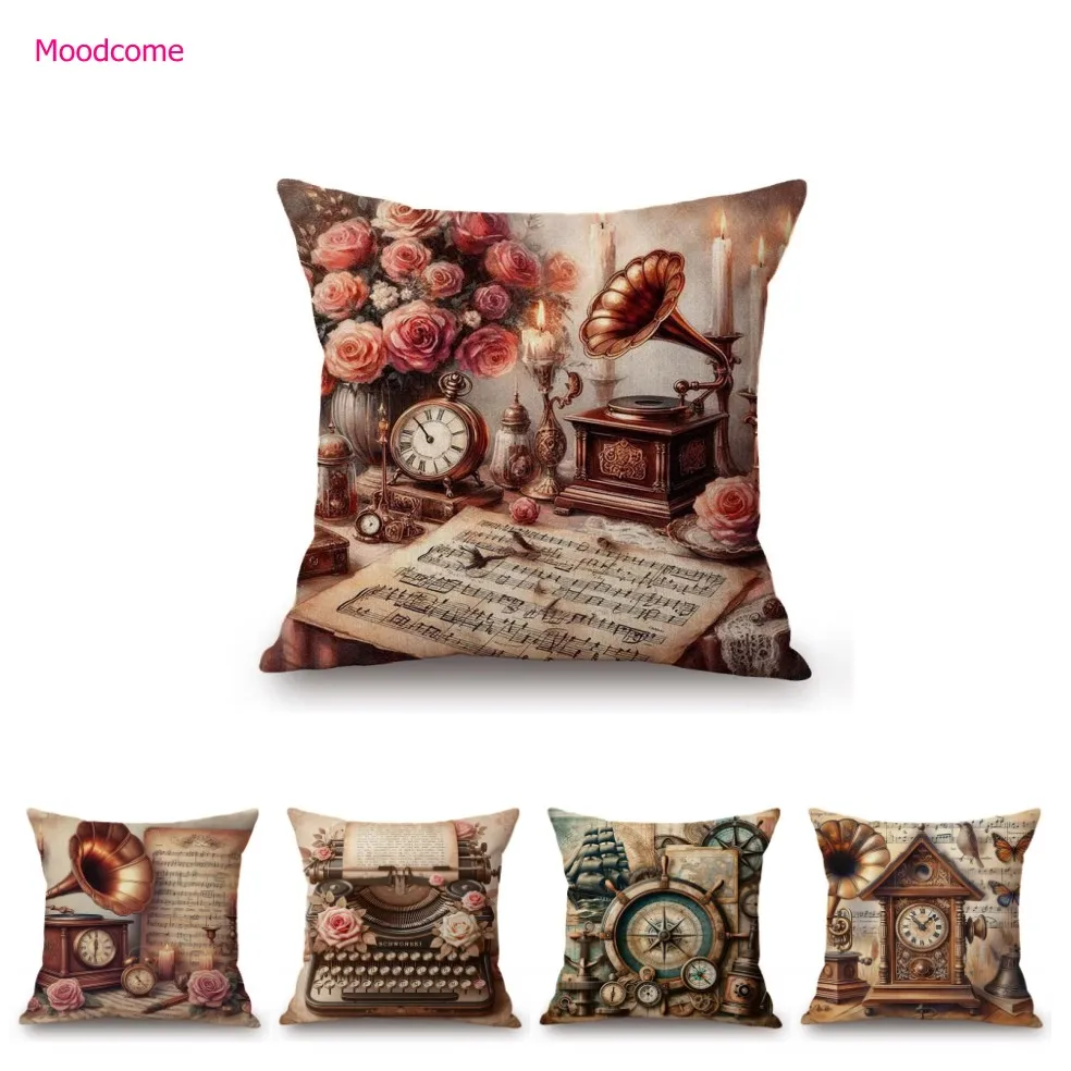 Vintage Type Writter Phonograph Compass Suitcase Poster Art Home Decoration Sofa Pillow Case Cotton Linen Car Cushion Cover