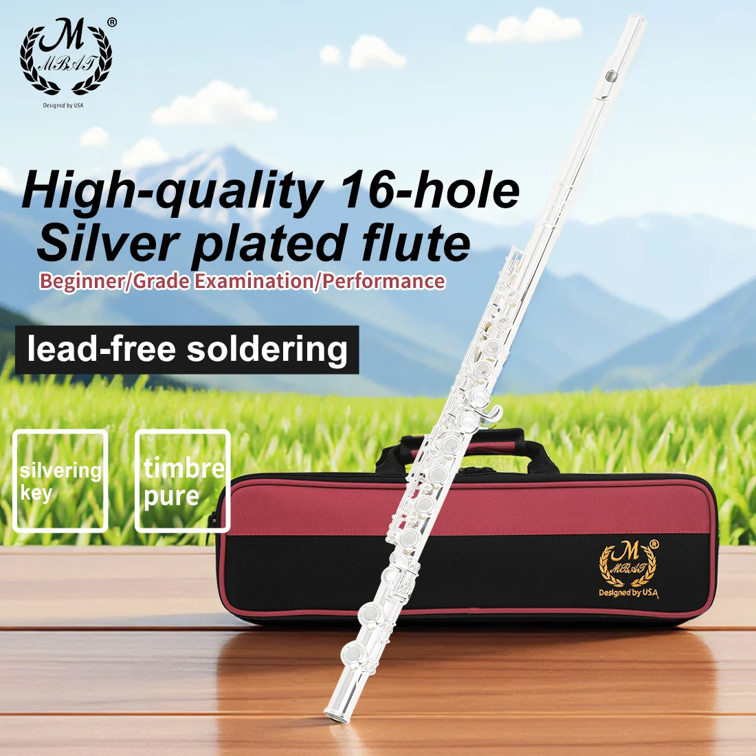MBAT 16 Hole Flute C Tuning Closed Hole White Copper Silver Plated (Red Cloth Box) Woodwind Instrument Beginner Flute