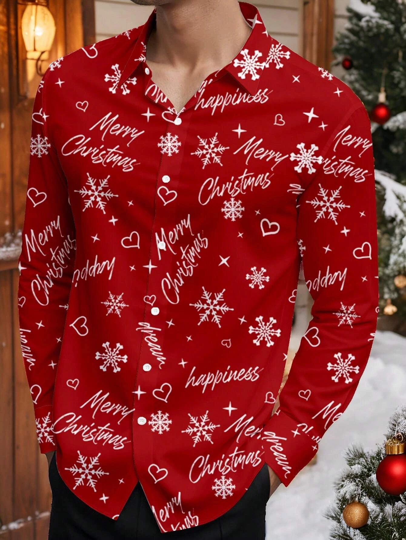 

Мужская праздничная модная рубашка с рождественским элементом и буквенным принтом, облегающая повседневная рубашка в полный рост с длинным рукавом ​