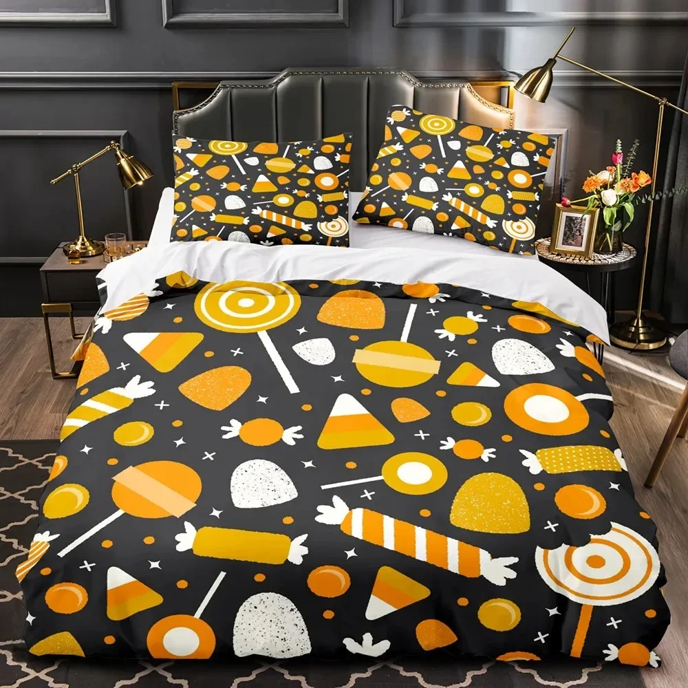 

Vintage Halloween Duvet Cover Set, Halloween Cartoon Jack O' Lantern Tombstone Skulls and Bones Polyester Bedding Set