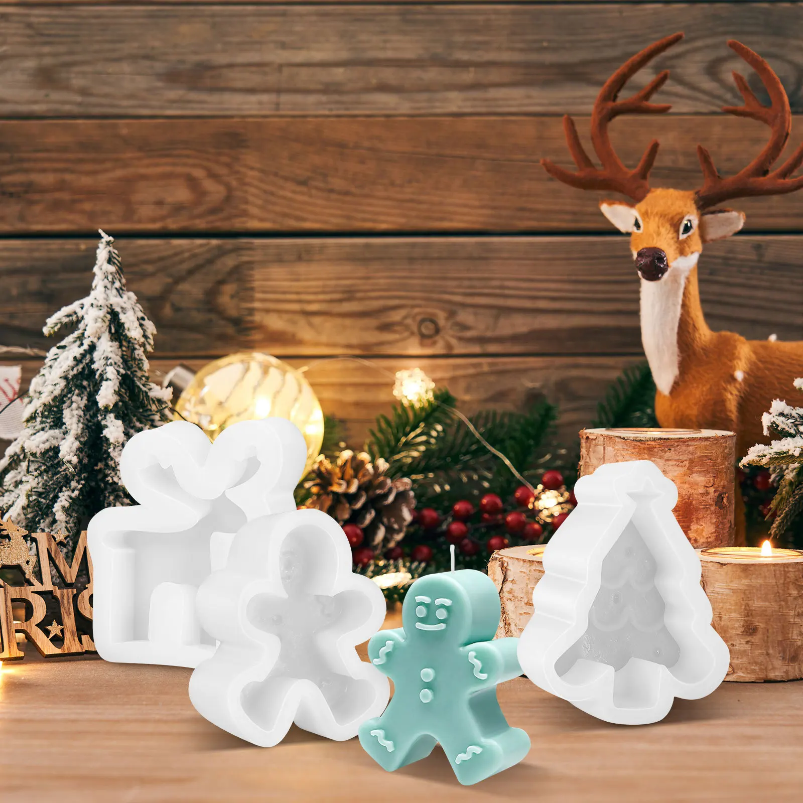 

3pcs Christmas Tree Gingerbread Man Reindeer Silicone Mold Diy Making Soap Craft Wax Molds Xmas Theme Scented Decorative