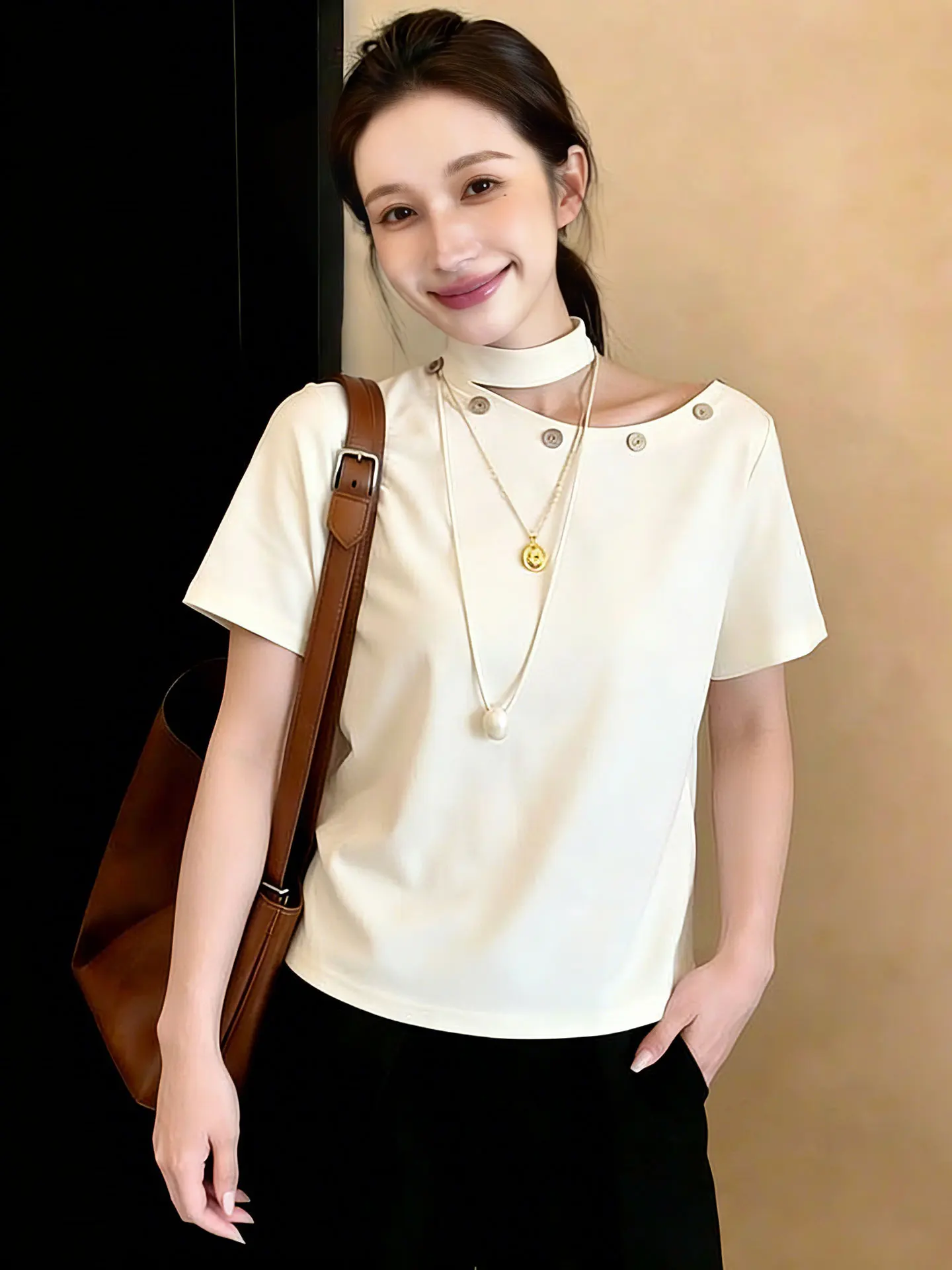 

Ele Hollow out ort Sve T-irt Women's Faion Trend Spring Summer Top Korean Sle Straight Cut Silk Material