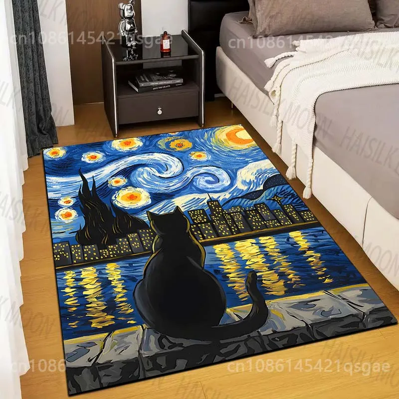 Multiple sizes Cat watches city night sky Print Carpet Rug for Living Room Bedroom Sofa Doormat Home Decor Non-slip Floor Mat