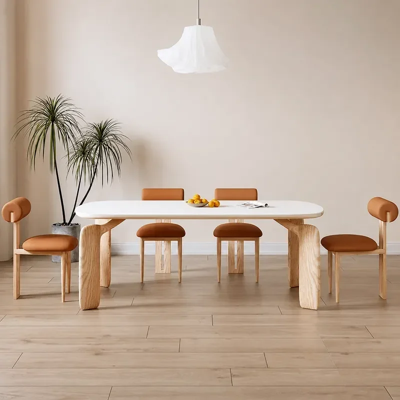 Rock Slab Rectangular Dining Table and Chairs Set Log Cream Style Modern Simple Small Apartment Nordic Solid Wood Dining
