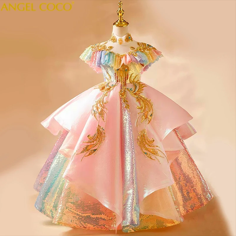 Luxury Beauty Pageant Gowns Pink Flower Girls Ball Gowns Fantasy Sequins Princess First Communion Dress Kids Birthday Party