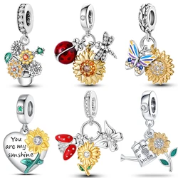Fashion 925 Sterling Silver Heart-Shaped Golden Sunflower Charms Pendants Fit 925 Original Bracelet Necklace DIY Party Jewelry
