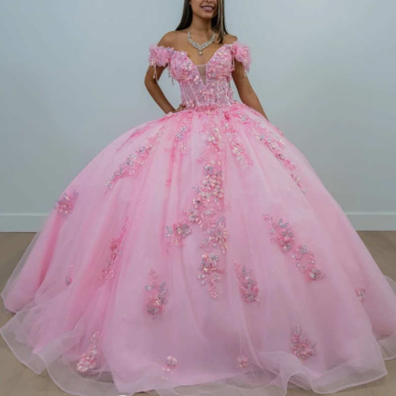 فساتين Quinceanera الوردية اللامعة ثوب الكرة قبالة الكتف زين الدانتيل الخرز تول مشد الحلو 16 فستان Vestidos De 15 Anos