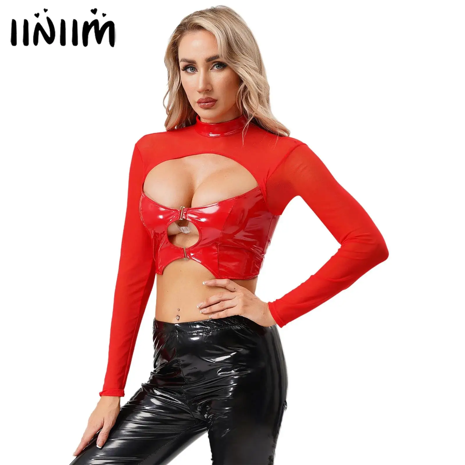 

Womens Sheer Mesh and PU Patchwork Crop Top Long Sleeve Hollow Out Slim Fit Glossy Blouse Tops for Club Pole Dance Raves Party