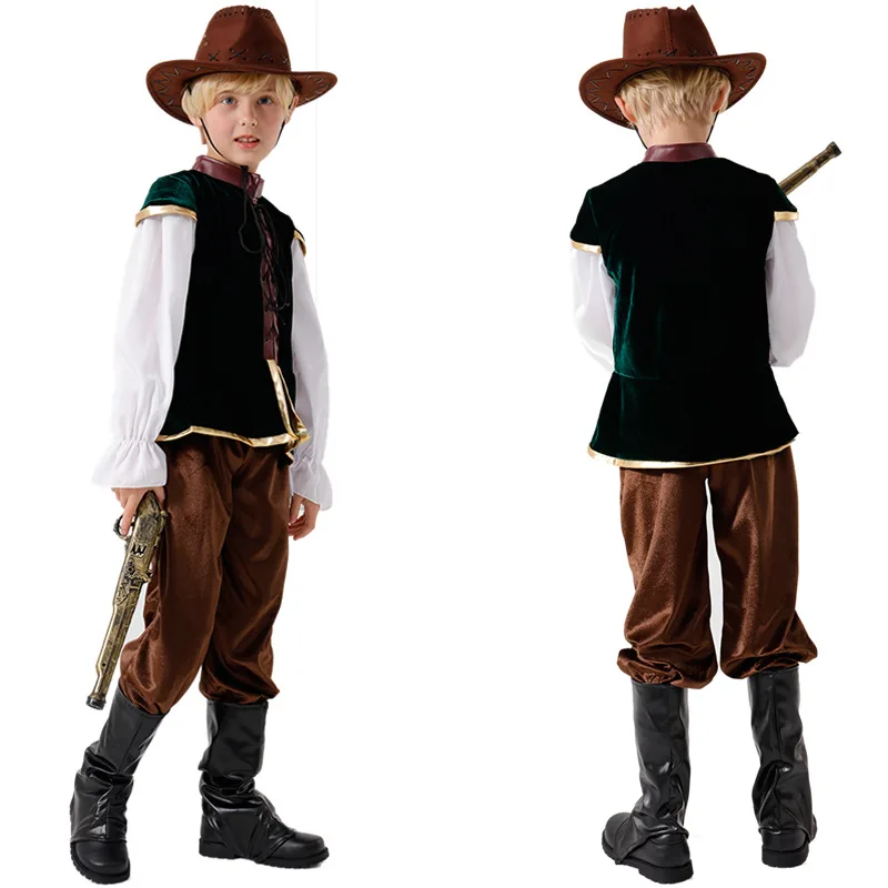 Medieval Stage Costume Pirate Hunter Cosplay Costume Children Halloween Holiday Party Long Sleeve Suit Stage Costume Party