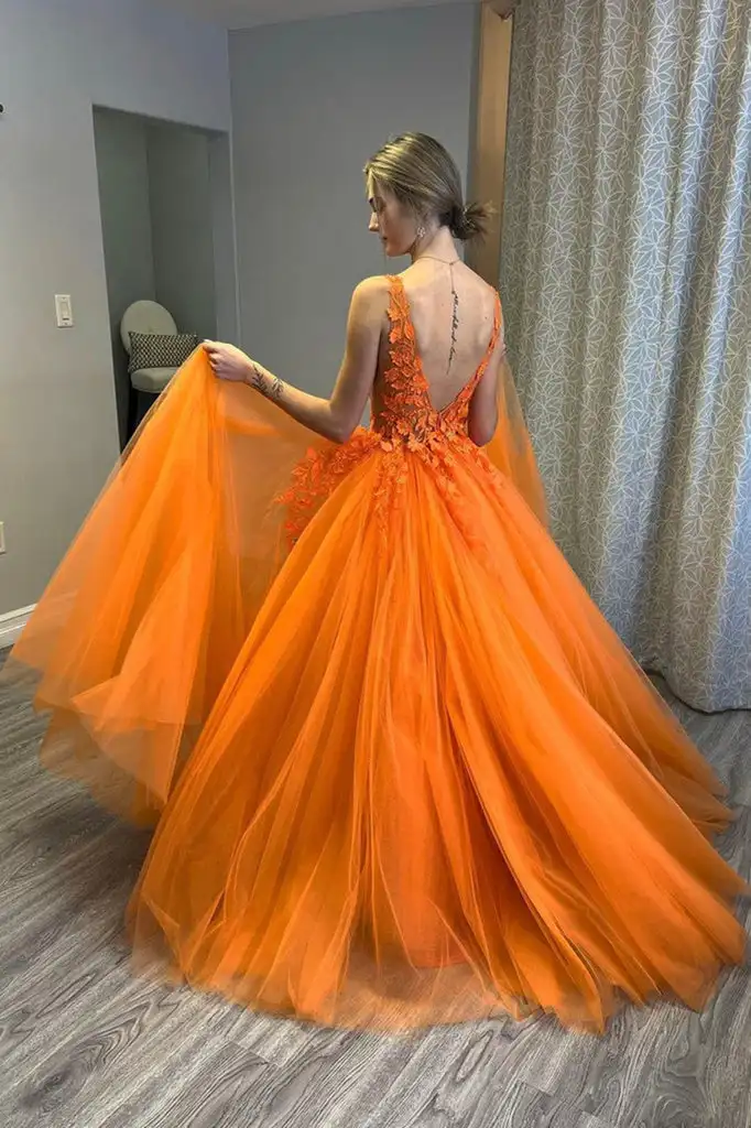 Orange Prom Dress Lace Applique Long Illusion Crystal Deep V Neck Sleeveless Backless Evening Gown Long Floor Length Custom