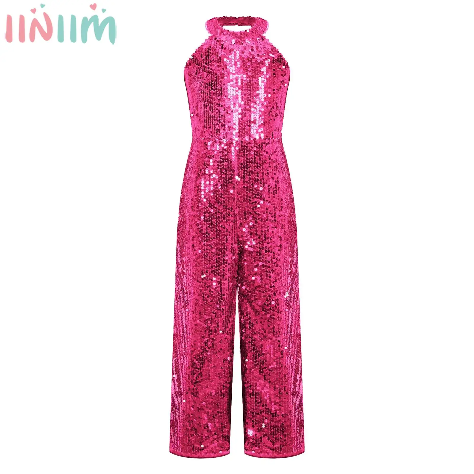 Kids Girls Shiny Sequin Bodysuit Sleeveless Halter Neck Wide Leg Pants Jumpsuit for Birthday Wedding Party Evening Dancing Prom