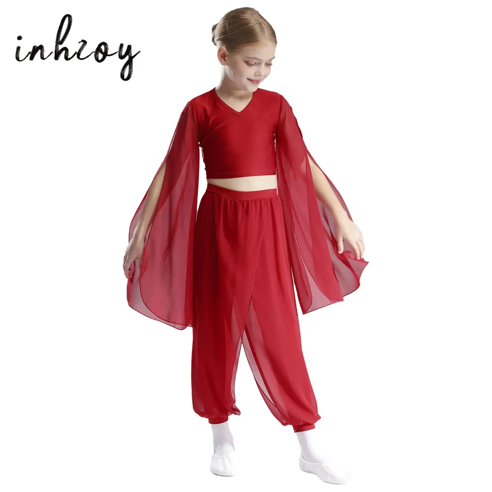 

Kids Girls Lyrical Modern Dance Costumes Set Flared Sleeves Crop Top+Chiffon Pants Dancing Practice Performance Ballet Clothes