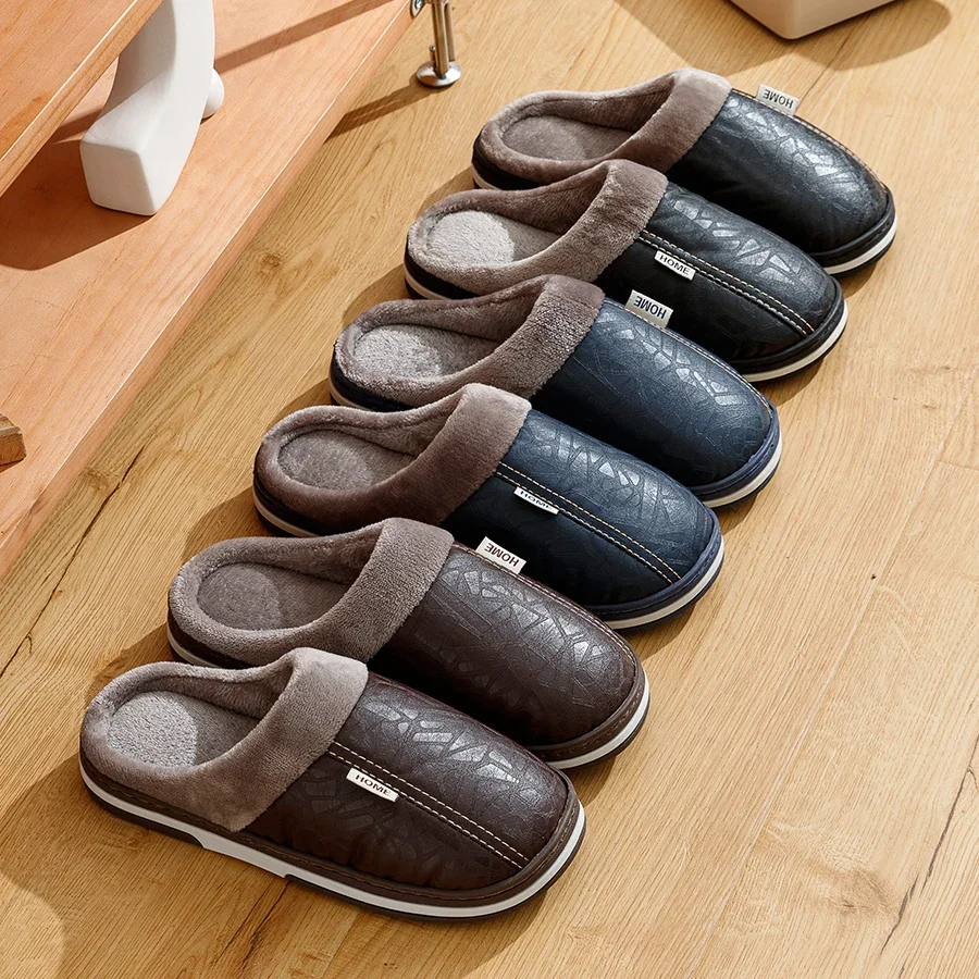 Fashion Waterproof Big Size Men's Simple Bedroom Slippers Comfy Winter Indoor Warm Couples Leisure Home PU Non-slip Plush Shoes