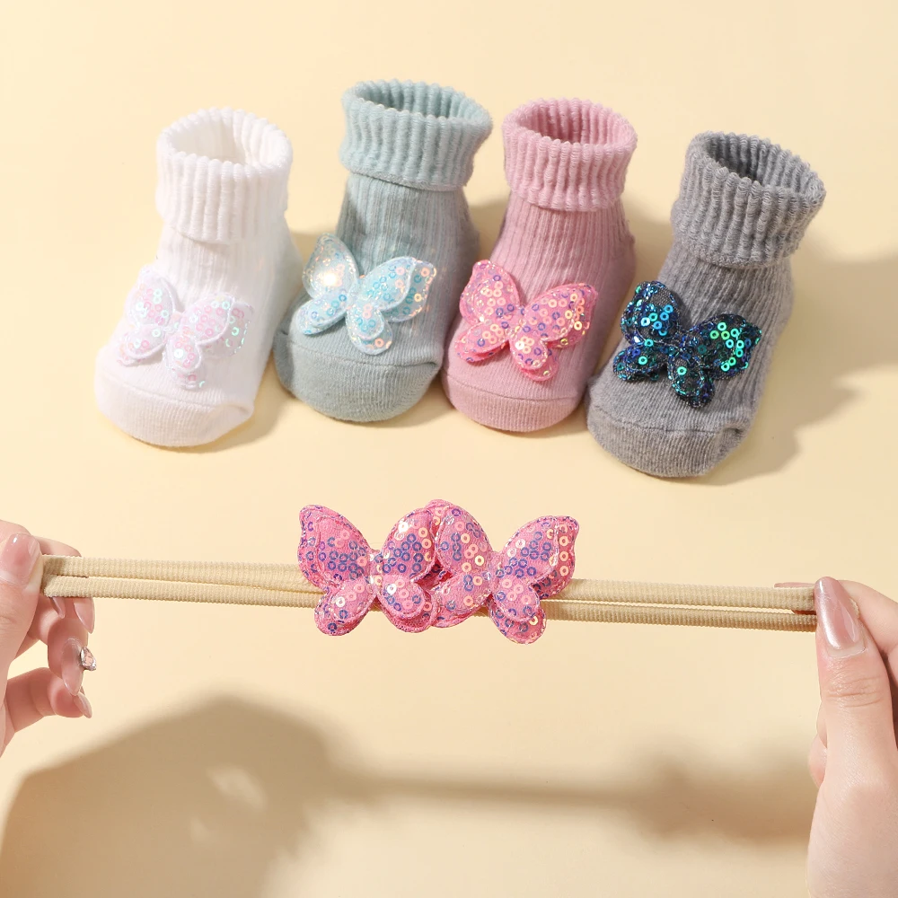 Baby Headband socks set For Girls Elastic Knit Children Baby Bows Soft Nylon Hair band with Infant Glitter Butterfly Socks