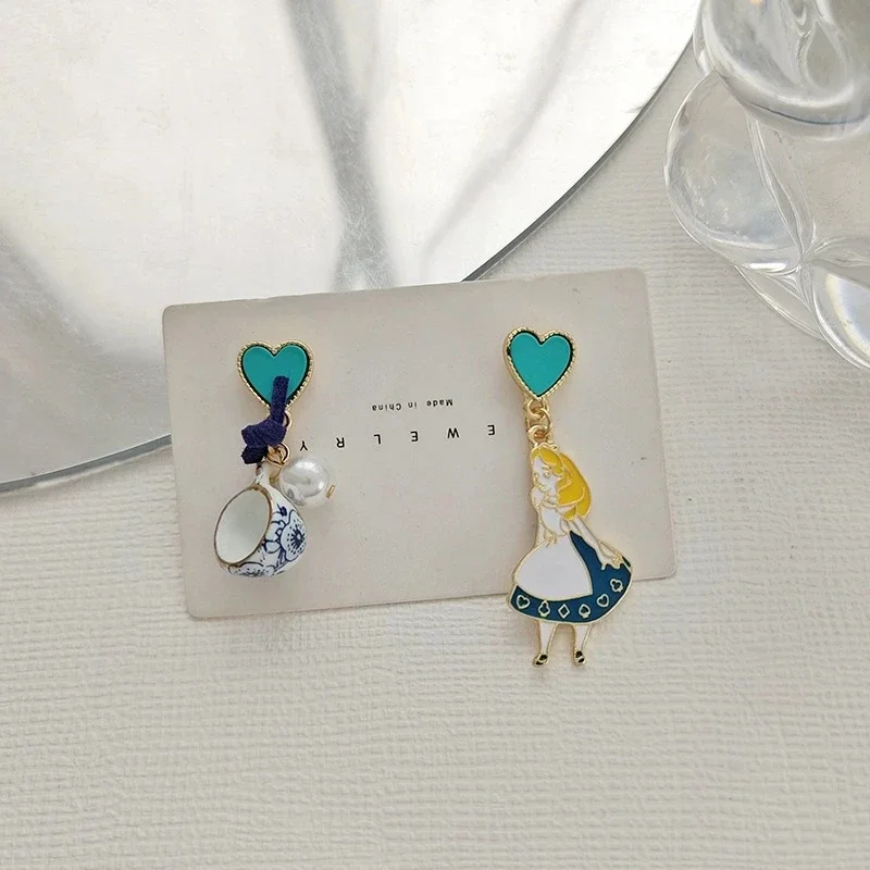 Carton Fairy Tale Princess Alice Asymmetry Earrings Imitation Pearl Blue Heart Dangle Earrings Cute Girls Enamel Earrings image 5
