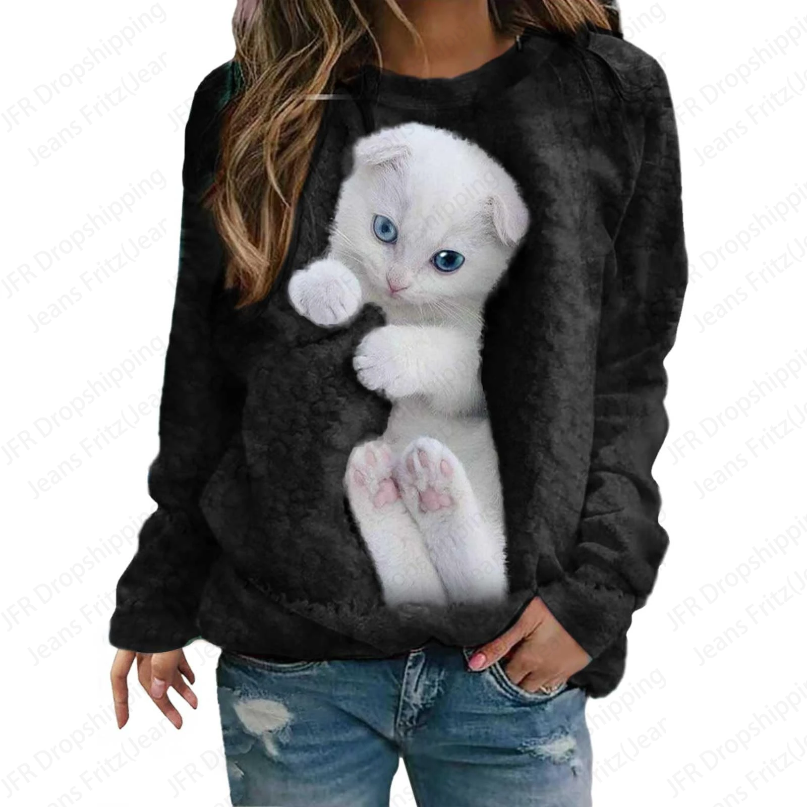 Cute Cat 3d Print Hoodies Women Fashion Sweatshirt O-Neck Hoodie Casual Kawaii Hoodies Sweatshirts Pullovers Odzież damska