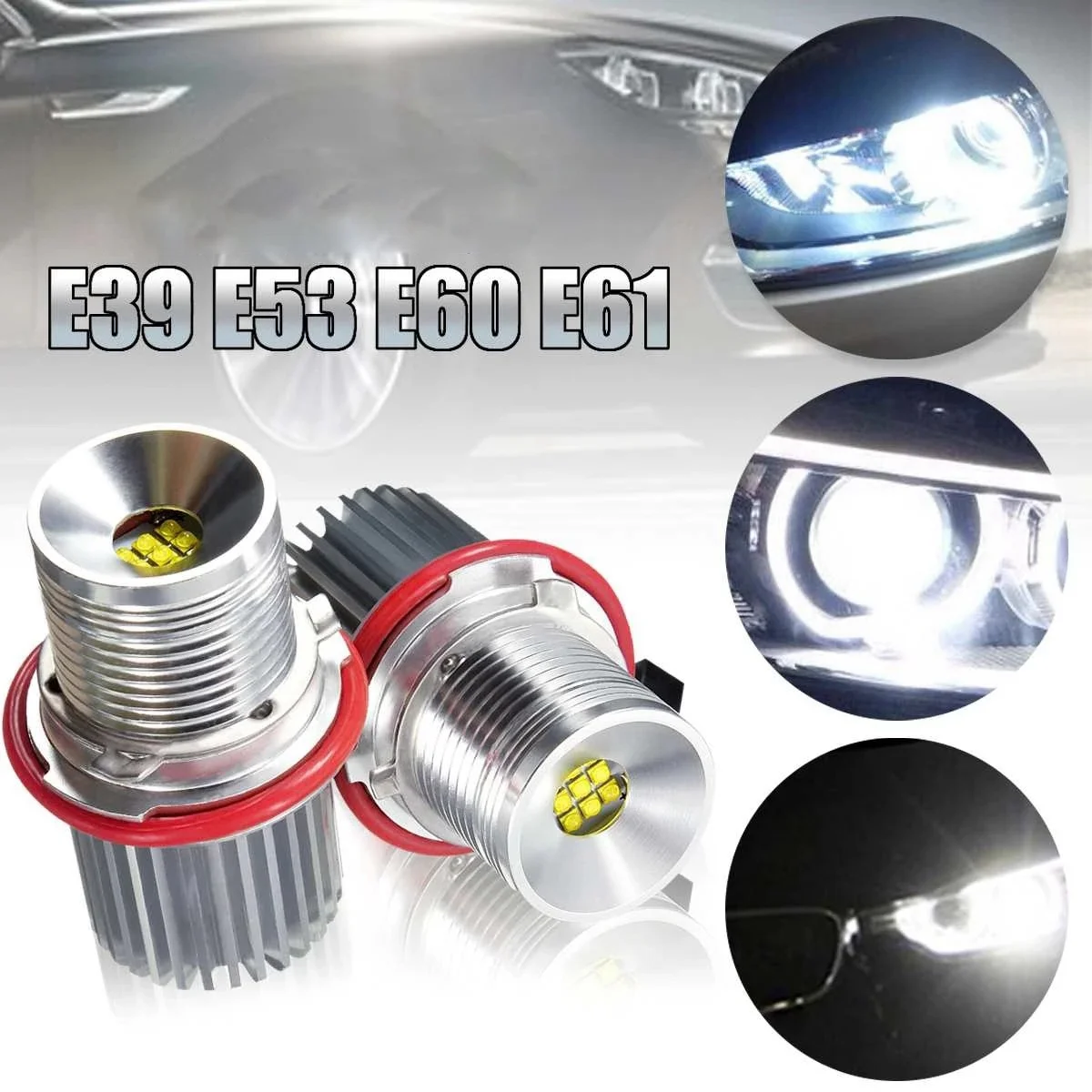 2Pcs 45W White Led Car Angel Eyes LED Marker HALO Ring Light Bulb Headlight Bulb for -BMW E39 E53 E60 E61