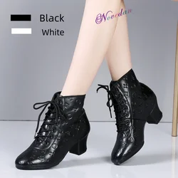 Women Outdoor Latin Dance Shoes Jazz Modern Dance Shoes Leather Dancing Boots Black Gilded Printing White Sports Dance Sneakers