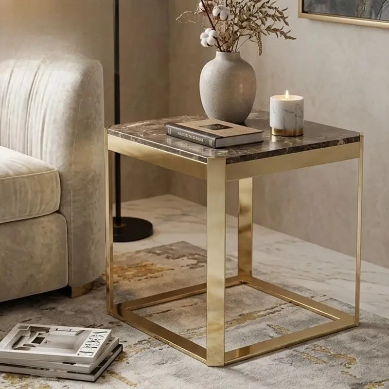 Modern Square Side Table Polished Gold Stainless Steel Frame Light Luxury Sofa Corner Table for Living Room Family Villa