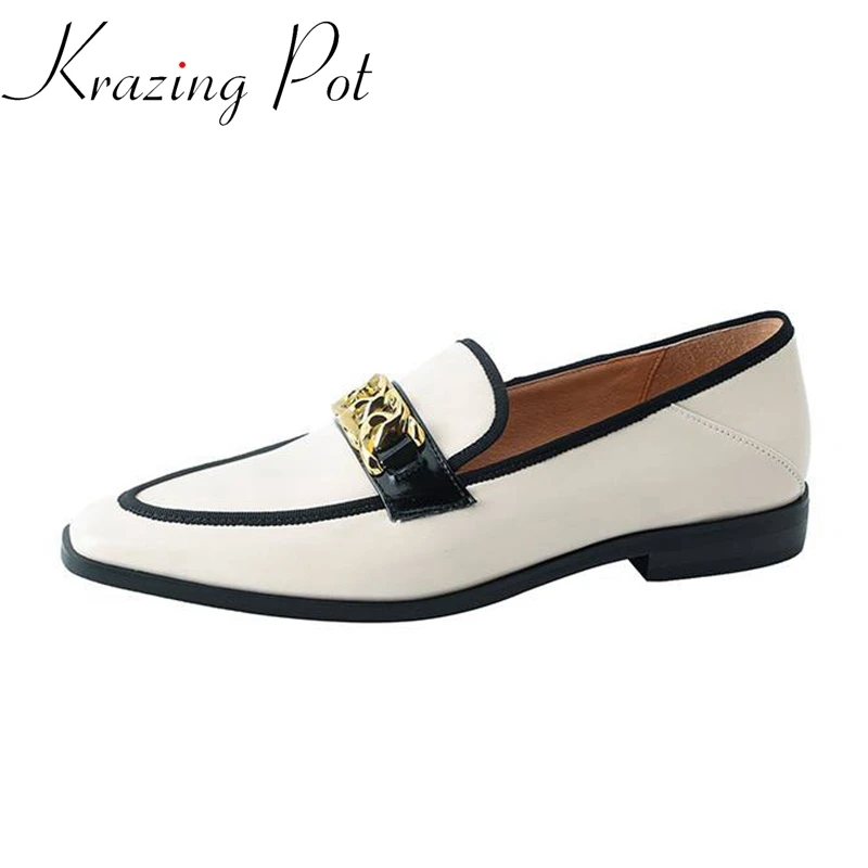 

Krazing Pot Cow Leather Square Toe Noble Low Heels Modern Shoes Grace Metal Decorations Mixed Colors Slip on Concise Women Pumps