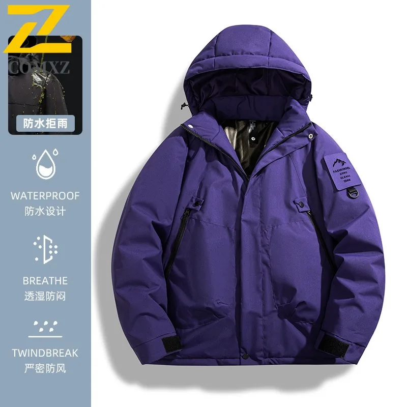 

COMXZ 2025 Mens Womens Winter Graphene Waterproof Hooded Puffer Jacket Korean-Style Outdoor Sports Workwear Warm Leisure Coat