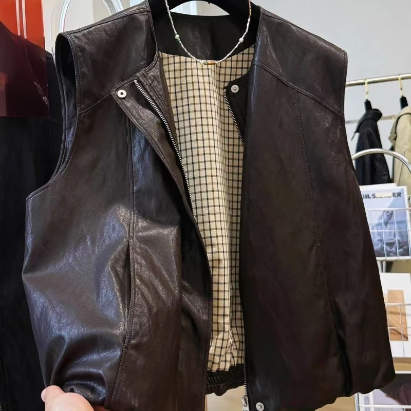 Giacca da donna in PU con scollo tondo vintage a vento, cappotto autunnale senza maniche in ecopelle per donna