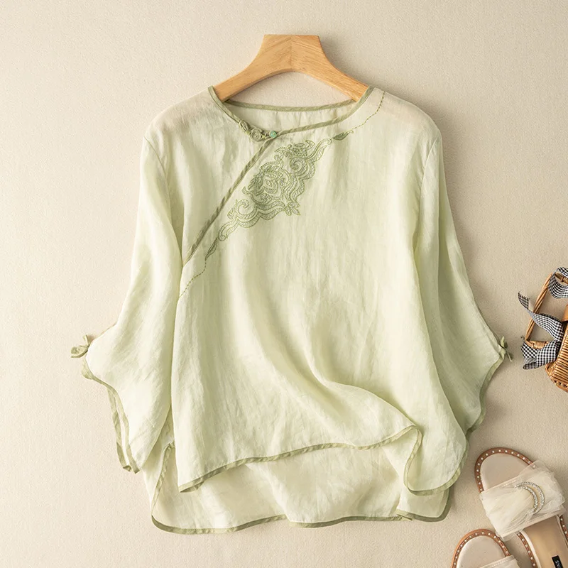 

Seven-quarter Sleeve Cotton and Linen Top Retro Loose T-shirt Chinese Style New Summer Style