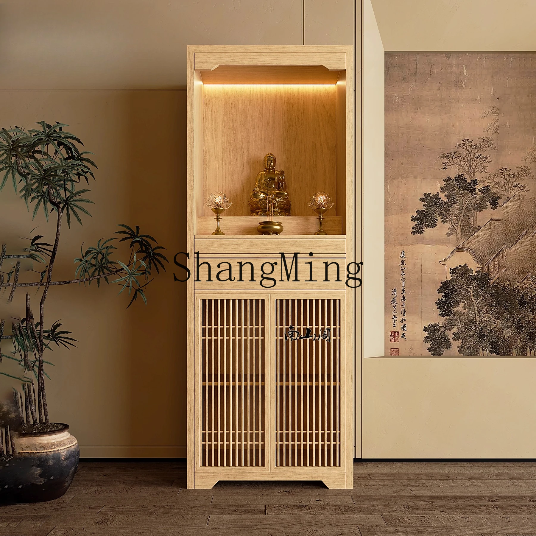 

CL Buddhist Shrine Guanyin Bodhisattva Home Use New Chinese Style White Wax Wood Buddhist Shrine Offering Table Altar