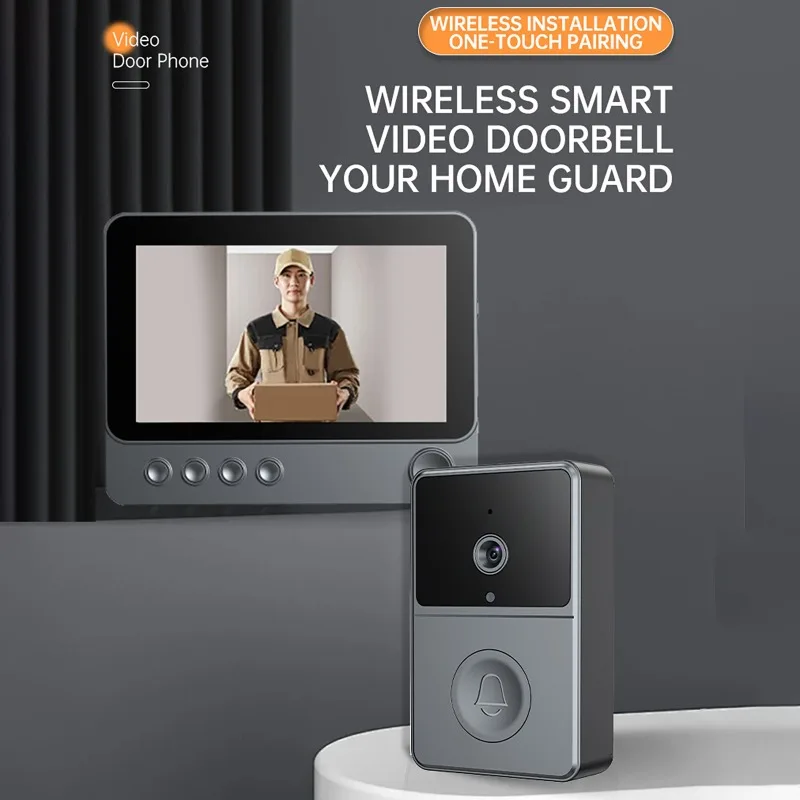 Campainha de monitoramento de vídeo 2.4G com tela IPS de 4,3 polegadas Gravação automática de fotos Visão noturna Intercomunicador bidirecional Campainha de vídeo