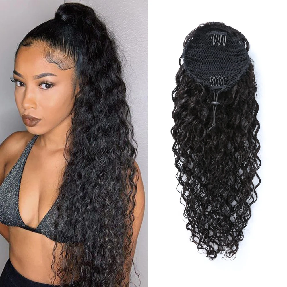 

Water Wave Ponytail Human Hair Brazilian With Afro Clip In Hair Extensions 28 Inches Remy Water Wave Drawstring Ponytail