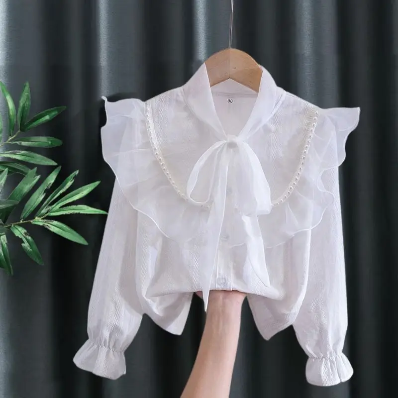 Kids Cotton Shirt Lace White Girls Undershirt Top Sunscreen Clothing Kids Student Long Sleeve Casual Loose Wide Leg Denim Pants