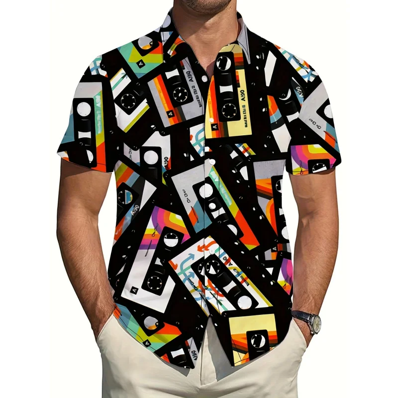 

[Retro Shirt] Lightweight Men's Retro Cassette Tape Print Short Sleeve Shirt | Vibrant Geometric Design, Casual Summer Button-